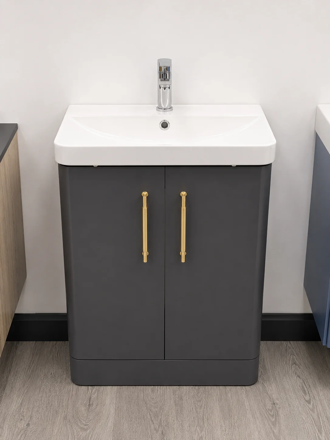 Anthracite grey floor-standing vanity unit with brushed gold handles