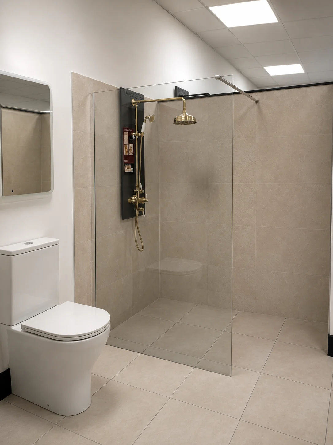Level-access wet room walk-in shower with traditional brass shower fittings
