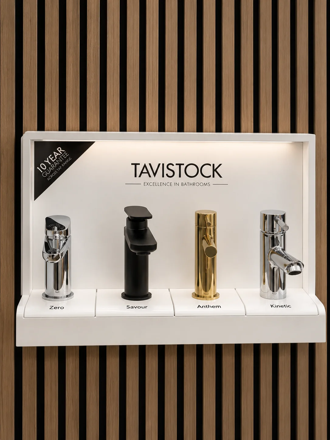 Tavistock modern basin tap display with 10-year guarantee including Zero, Savour, Anthem and Kinetic
