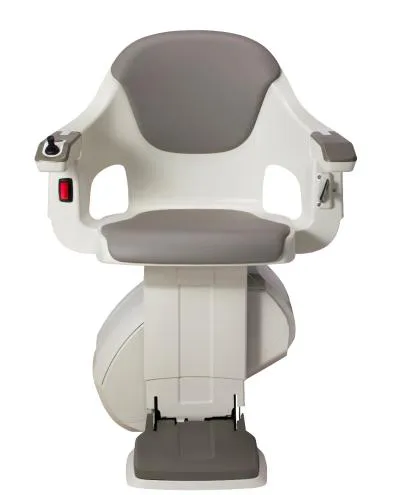 HomeGlide stairlift chair with grey upholstery and armrests down