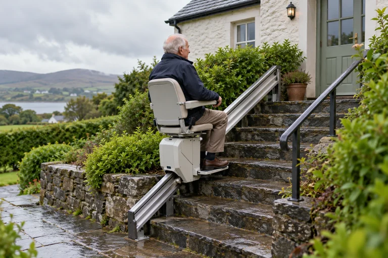 Older woman using an outdoor stairlift on garden steps leading to an Irish home