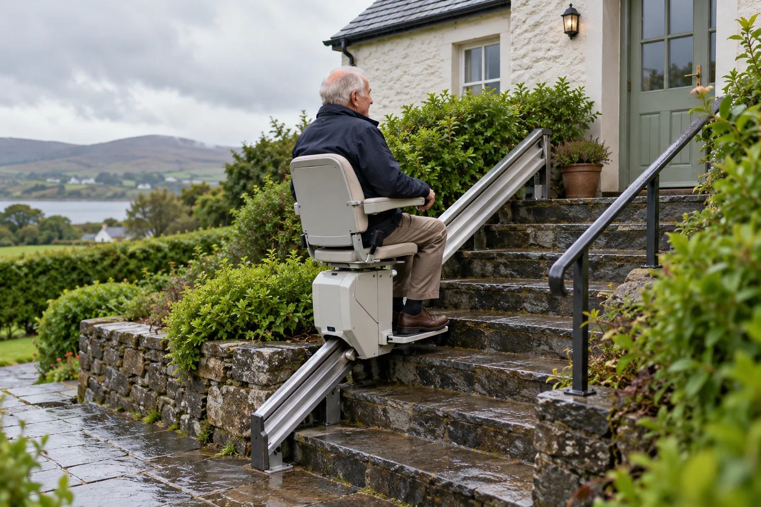 Older woman using an outdoor stairlift on garden steps leading to an Irish home